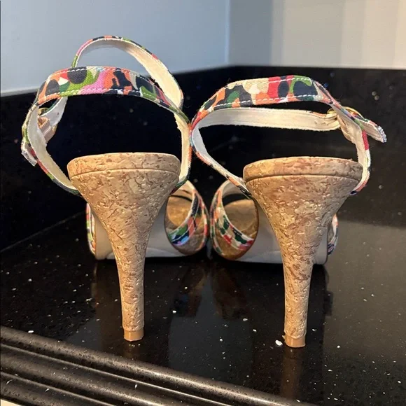 Fiomi Shabby Chic BOHO Floral Abstract Fabric Cork High Heel Stiletto Sandals - Picture 6 of 12